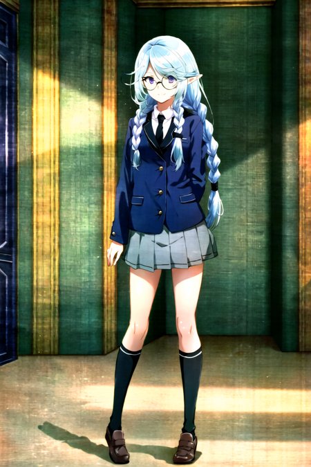 solo, 1girl, elf, very long hair, light blue hair, (twin braids), (hair over shoulder), bangs, purple eyes, pointy ears, small breasts, alternate costume, school uniform, glasses, round eyewear, black jacket, necktie, (grey pleated skirt), (black kneehighs), loafers, smile, looking away, standing, classroom, school, indoors, full body, <lora:negative-e12-15:-1.5>