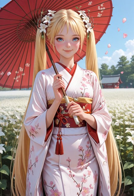 masterpiece, very aesthetic, best quality, absurdres, newest, solo,
<lora:ILLANia:1.0>
LANia, 1girl, blue eyes, blonde hair, twin tails, long hair, looking at viewer, hair flower, white kimono, japanese clothes, oil-paper umbrella, hair ornament, smile, outdoors, falling petals, white flower, sash, holding umbrella, floral print, obi,wide sleeves, closed mouth, long sleeves, day, cowboy shot, print kimono, blush, flower field, standing, sky, red umbrella