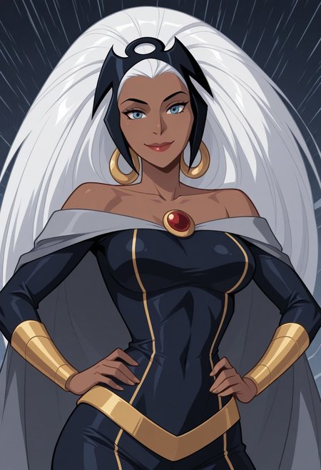 White background, simple background, solid color background, 2d, medium breasts, narrow waist, wide hips,
 1girl, solo, Marvel, Storm, Ororo Munroe, dark-skinned female, dark skin, ebony, ebony female, white hair, long hair, big hair, black tiara, headgear, blue eyes, hoop earrings, gold earrings, lipstick, collarbone, off shoulders, bare shoulders, pendent, grey cape, dark blue bodysuit, yellow trim, yellow belt, gold bracers, bare hands, 
Upper body, close up, looking at viewer, hands on hips, smile, close mouth