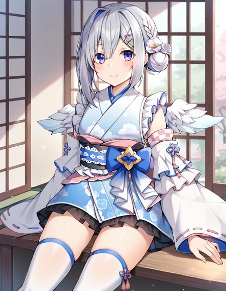 score_9, score_8_up, score_7_up, score_6_up, score_5_up, score_4_up, source_anime, anime screencap,  BREAK 1girl, solo, indoors,
<lora:Amane_Kanata_Pony:1> amane_kanata, kanata_newyears, short hair, hair bun, hairclip, hair flower, frilled kimono, detached sleeves, bow, obi, white thighhighs,