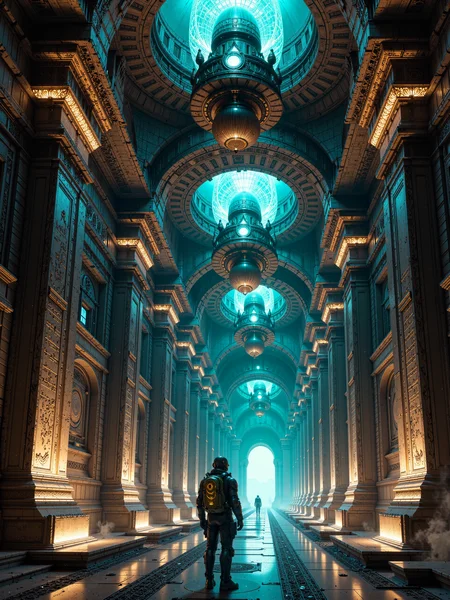 famous artwork, dramatic and epic landscape at night, hyper-realistic, highly aesthetic, ultra-high-resolution, 8k, 4k, dim lighting, symmetrical composition, dark science fantasy with cosmic horror elements, within the heart of an immense, extraterrestrial megastructure lies an ancient repository of knowledge, its imposing ornate black walls decorated in wondrous reliefs and lined with perfectly ordered glowing data cubes, each one a construct of wondrous alien alloy and glowing crystal, several larger cubes are floating in perfect formation in the center. the architecture of the archive is otherworldly, a seamless fusion of geometry and organic curves, with luminescent veins weaving through the walls and floor, casting a soft, mystical glow. the background reveals ornate entrances to corridors, the air is thick with floating dust particles that shimmer in the archiveâs ambient glow, a lone explorer, clad in futuristic astronaut gear, stands dwarfed by the monumental scale of the repository. the lighting is atmospheric and surreal, dominated by the soft glow of the data cubes and the ambient glowing data veins, the perspective is emphasizing the vast scale of the archive. captured with a high-end, large-format cinematic camera, the depth of field is masterfully controlled, with the nearest inscriptions and explorer in razor-sharp focus while the distant, ever-shifting corridors blur into mystery, contrasting warm and cold tones add to the enigmatic environment, the scene is framed to enhance the sense of depth and infinity, with receding corridors and floating data structures leading the eye into the unknown, ovg, artilands02, <lora:style-fantastic_landscapes-v2-flux-by_artifyai:0.48>