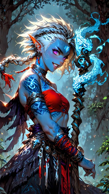 score_9, score_8_up, score_7_up, rating_safe, An illustration of a fierce character, photo-enhanced, fatasy, girl, dnd, d&d, monk,
platinum blond hair, short hair, braids, elf, dark elf, (blue skin:1.5), small breasts, freckles, piercing purple eyes, ear piercings, bangles, looking at viewer, facing viewer, looking up, view from front, spider tattoo, wrapped wrists, athletic, chain choker, black linen baggy pants, red bandeau, bare feet, toes, glowing runes,
holding quarterstaff, tree pose, outstretched hand, in ally, open mouth, clenched teeth, perfect eyes, 
<lora:HKStyle_V3:1> <lora:extremely_detailed:1>  <lora:Fant5yP0ny:1>  <lora:disgusted_face_xl_goofy:1>  <lora:Flash_Glowing_Runes_SDXL:1>