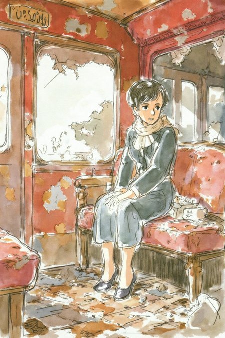 hayaomiyazaki2 illustration.
a girl sitting in a dilapidated train car. The train's red interior is faded and worn, with patches of rust staining the walls and ceiling. Garbage, broken bottles, and scraps of paper litter the floor, adding to the sense of decay. The girl sits on a torn, upholstered bench, her posture thoughtful and melancholic, with light streaming through a cracked window to illuminate her figure. Her attire blends vintage elegance with subtle modern touches, featuring a tailored coat and a scarf that catches the soft rays of light. Leyendecker's signature use of bold, confident brushstrokes and interplay of light and shadow bring depth to the scene, emphasizing the textures of the rust, the glossy shards of glass, and the folds of the girl's clothing. The mood is one of poignant beauty, juxtaposing the ruinous surroundings with the girl's quiet grace.  <lora:hayaomiyazaki2_cap_d8a4:1.0><lora:861018546212176712:0>