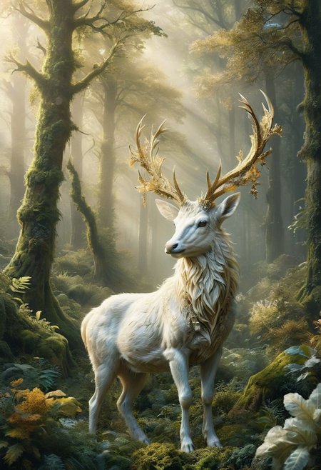 hyper realistic, a majestic white stag with golden antlers standing in a sunlit clearing, surrounded by ethereal forest spirits, glowing flora, magical atmosphere