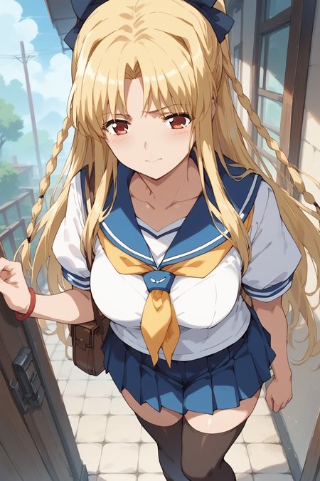 score_9, score_8_up, score_7_up, masterpiece, best quality,
<lora:pony_good_hands:0.5>, good_hands,
1girl, mature female,
large breasts, wide hips,
 <lora:YuriKashima:0.7> YuriKashima, hair ribbon, twin braids,
serafuku, yellow neckerchief, black thighhighs, skirt, loafers,