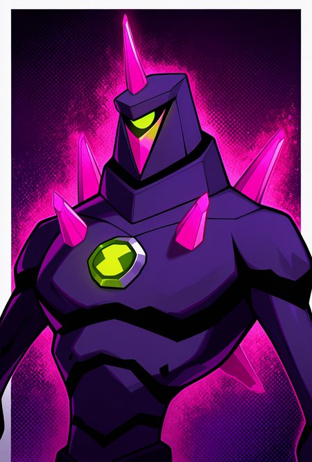 <lora:chromastone-10:1> chromastone, no humans, solo, single pink horn, one-eyed, green eye, pink spikes, glowing, dark armor, , pink hands, dark purple background,, masterpiece, best quality, amazing quality, very aesthetic, absurdres, newest,, upper body, halftone effect, white borders, abstract background:1.2,