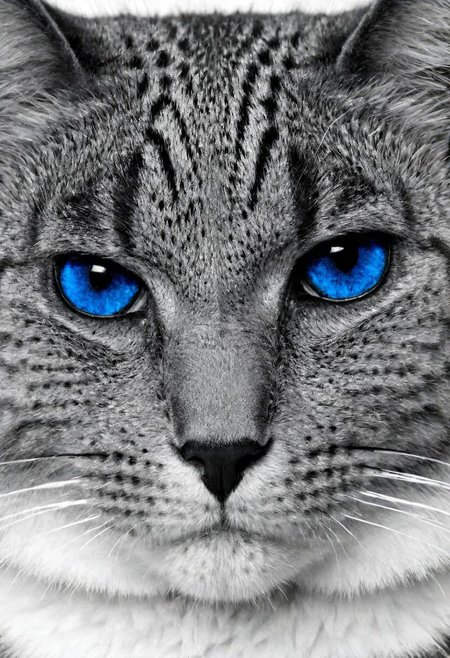 cats face, (Black and white image, blue Accent)
