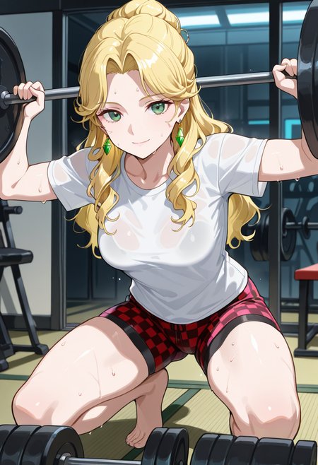masterpiece,best quality,highres,absurdres,very awa,1girl,solo,audrey hall,green eyes,medium breasts,blonde hair,Emerald earrings,casual,t-shirt,short sleeves,bike shorts,checkered clothes,checkered shorts,indoors,exercising,sweat,looking at viewer,tatami,table,barbell,breasts,hands up,holding,squat \(exercise\),squatting,weightlifting,light smile,closed mouth,cyberpunk,