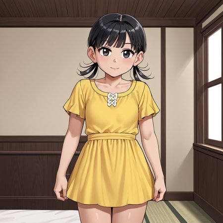 indoors,  <lora:MagaliV2:1> MagaliTDM, 1girl, solo, short-sleeved yellow dress, black hair, three strands of hair that seem to resemble pigtails, black eyes, short,