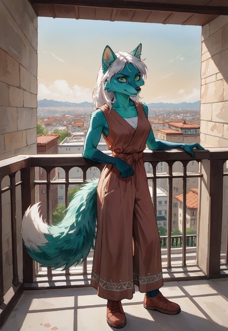 Anthropomorphic. Turquoise fluffy fox (full length), long white hair, (standing on the balcony (at dawn)), grinning, ready to fight. with green eyes and vertical pupils. woman. the traditional clothing of the Slavs. The Orphen sirius style. JuliaTDC Style~ArtS