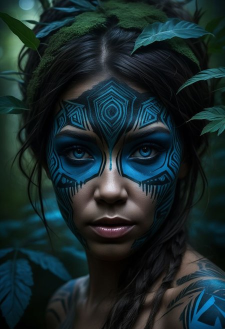 mysterious silhouette of a tribal woman, jungle, (blue warpaint over eyes only), goddess, alluring, by Minjae Lee, Carne Griffiths, Emily Kell, Steve McCurry, Geoffroy Thoorens, Aaron Horkey, Jordan Grimmer, Greg Rutkowski, amazing depth, double exposure, surreal, geometric patterns, intricately detailed, bokeh,  perfect balanced, deep fine borders, artistic photorealism , smooth,  great masterwork by head of prompt engineering   <lora:add-detail-xl:2>  <lora:Double_Exposure:0.5>
