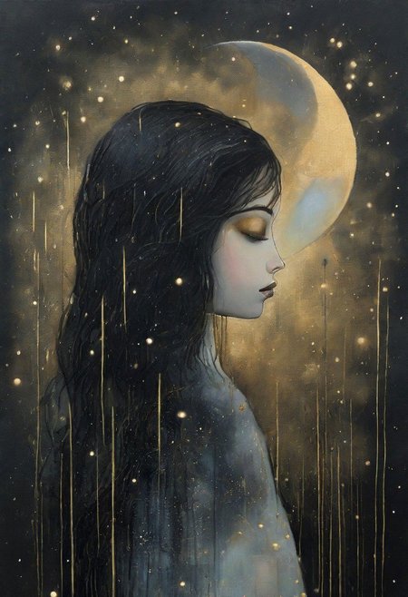 surreal  landscape  wet oil and alcohol ink, thin black and gold lines, 3-D, textured, centered, delicate, fantasy, magical, mystical, fragile. a young girl who gazes at the starlit sky ,and the moon, complementary colors, fantasy concept art,wet oil and alcohol ink, thin black and gold lines, 3-D, textured, centered, delicate, fantasy, magical, mystical, fragile." style  like  lowbrowart   8k