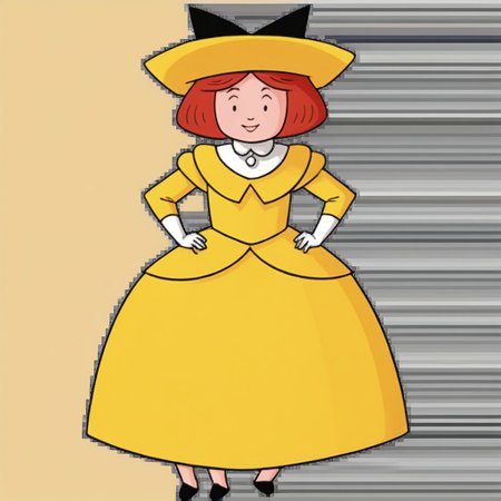 1girl, solo, Madeline, yellow hat with a black hair bow, white gloves, red hair, smile, full body, princess make up, Very long large floor length wide straight yellow tulle long sleeved ball gown hoop skirt, ball gown hoop skirt, yellow princess dress, hoopdress, white pearl necklace, long elbow length princess gloves, my big princess gypsy wedding dress, ballgown, a girl in a dress posing like a princess for a picture, looking at viewer, pretty eyes, she is posing, hands on hips, closed mouth, closed eyes,