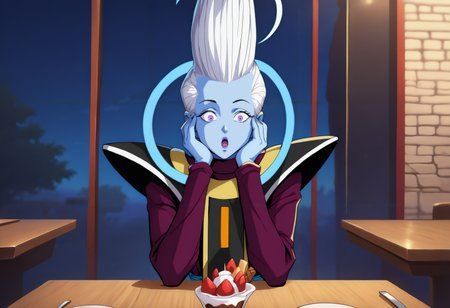 masterpiece, best quality, newest, night, 1boy, solo, <lora:Whis Illustrious:1> w1i0, colored skin, blue skin, tall hair, white hair, purple eyes, purple lips, blue halo, black tunic, shoulder pads, white trim, purple robe, long sleeves, blue sash, black tabard, gold trim, high collar, sitting, pov across table, restaurant, indoors, sundae, surprised, looking at food, hands on own cheeks,