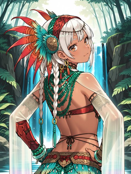 uth duna female armor,1girl,orange feather headdress,green loincloth,orange halterneck,orange asymmetrical gloves,see-through long sleeves,tribal earrings,waterfall,upper body,:3,white hair,brown eyes,solo,nature,looking at viewer,hands on own hips,head tilt,looking back,from behind, twin braids, 
masterpiece,best quality,amazing quality,very aesthetic,absurdres,newest,<lora:Uth Duna Armor illuXL v1.4:0.77>,<lora:wai-2Rectified-V140:0.7>,