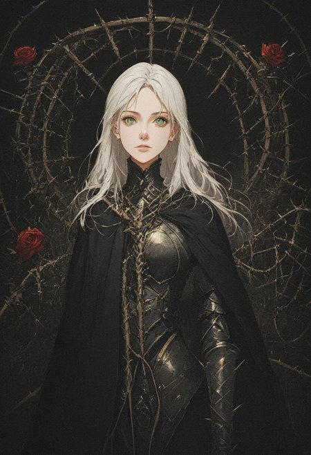 score_9, score_8_up, score_7_up, 
female, long white hair, beautiful face, green eyes,
(dark knight), bulky, heavy, medieval, dark theme, armor, golden sword, golden trim, black cape, 
close up, full body, (red roses background: 0.7), thorns, sideways,
easynegative, xenotr1p,