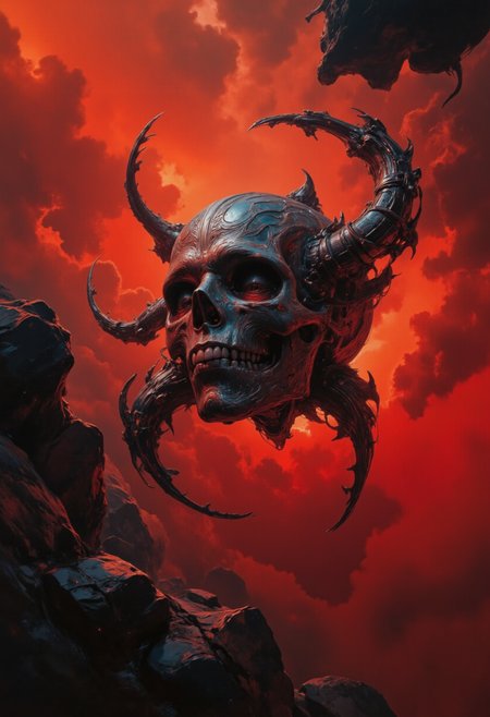 a minuscule geometric and symmetrical object orbiting the clouds, tessellated and engraved, runic, detailed ,intricate, Ghastly skull ,Transcendent, red and black theme ,gorgeous, extremely detailed , art by russ mills and eyvind earle