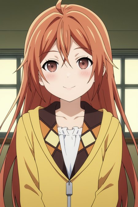 score_9, score_8_up, score_7_up, source anime, prefect lighting, very aesthetic, BREAK, anime screencap, anime coloring,
<lora:aihara_enju_v1-pony6:0.9>, 1girl, aihara enju, black bullet, orange hair, long hair, straight hair, 
BREAK, looking at viewer, light smile, blush, portrait, long sleeves, 
BREAK,  straight hair,