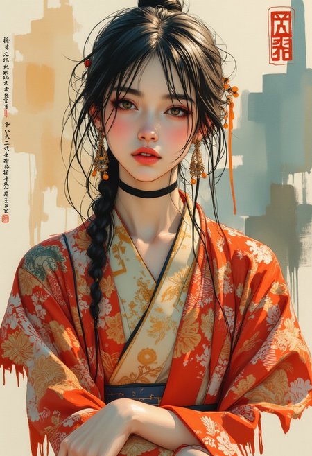 OBxiaoxiang, inksplash portrait of stunning oriental princess stting outside shinto shrine, long hair, sidelocks, bangs, hair ribbon,  earrings, necklace, choker, red and gold kimono, direct gaze, light hitting one side of face, gradient colour background, Japanese kanji