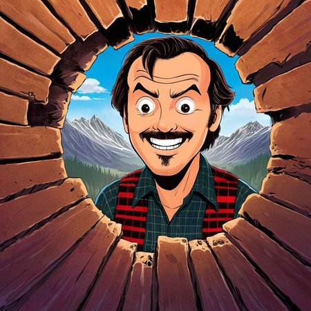 anime artwork of  <lora:perfection style:0.5> <lora:detailed:0.5> perfection detailed
 <lora:The Shining film style:0.9> In cartoon
Jack Torrance In the 1980's in the Colorado Rocky Mountains a creepy smiling man with a beard and a plaid shirt is looking through a hole in a wall with creepy smile,solo,open mouth,shirt,black hair,1boy,male focus,teeth,facial hair,parody,portrait,meme,realistic,mustache,door,stubble , cinematic, film, kodak, The Shining film style, here's johnny style, anime style, key visual, vibrant, studio anime,  highly detailed