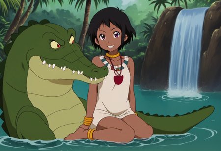 Tick tock crocodile,male animal focus,tail, crocodile , crocodile mouth open,smile ,green skin, blue eyes, Tick Tock the crocodile is giant and very huge size,teeth, crocodile swimming and submerged in the water,Tick Tock the crocodile looking Choi_mochimazzi,Choi_mochimazzi an anime girl, 1girl, looking at viewer, smile, short hair, Choi_mochimazzi sitting down on the crocodile belly,Choi_mochimazzi IS her very little size. Base - choim, short hair, black hair, red eyes, dark-skinned female,purple eyes, Base Outfit - dress, jewelry, dark skin, necklace, bracelet, wristband, neck ring, anklet, barefoot,river,palm trees, jungle, tropical _island,village, temple,Disney, waterfall,retro_anime, manga,tamako_market