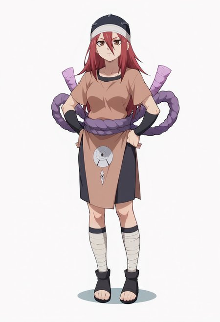 white background, simple background, solo, expressionless, full body, hands on own hips, 
htayuya, long hair, hair between eyes, red hair, bangs brown eyes, medium breasts, collarbone,
hat,tunic,rope,black sport bra, black short, bandages, black footwear, toeless footwear, 
anime screencap, masterpiece, best quality, <lora:tayuya v1:0.9>,