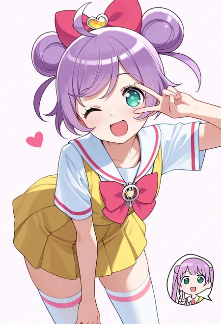 best quality, masterpiece, absurdres, manaka laala, kashikoma!, v, one eye closed,  school uniform,  thighhighs,  hair bun,  heart   <lora:manaka_laala:0.8>