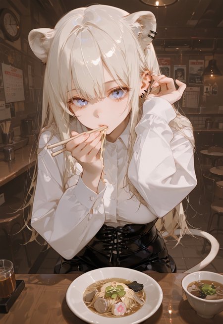 masterpiece, best quality, hyper-realistic, ultra-HD, luminous lighting, cinematic ambiance, shimmering gradients, ethereal glow, deep contrast, rich color tones, seductive atmosphere, captivating sensuality, Cinematic Lighting, raytracing, volumetric lighting, ambient occlusion, very awa, absurdres, amazing quality, ultra-detailed,8K,illustration,CG, 
BREAK 
shiny hair, clear skin, ultra-detailed-eyes, simple background, cute girl, eyelashes, slender, large breasts, (mature female), slim body, long lushes, long legs, flat stomach, matte skin, usnr, SagawaStyle,
BREAK
ShishiroBotan, long hair, ear piercing, lion tail, BotanSuit, collared shirt, corset, longs sleeves, black shorts, legwear garter, black pantyhose,
BREAK
machichuka, indoors, restaurant, table, chair, lamp, counter, stool, poster (object), calendar (object), food, chopsticks, spoon, bowl, plate, cup, saucer, noodles, ramen, eating, adjust hair, upper body, bend over, Blowing, 