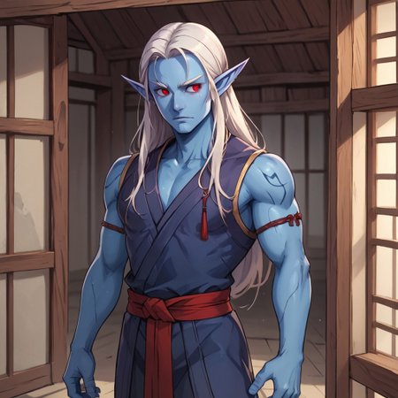 solo,  old elf male,  blue skin, long hair,  small normal ears, monk clothes, red eyes,