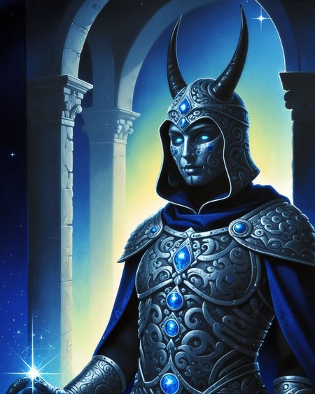 a highly detailed, digital fantasy illustration of a humanoid figure with an otherworldly appearance. The character has an androgynous physique with a slender, muscular build and pale, almost translucent skin. They wear an elaborate, ornate suit of armor that covers their torso and upper arms, intricately designed with dark metallic textures and adorned with glowing blue gemstones set in the chest plate and shoulder pads. The armor is highly detailed, featuring intricate patterns and a high level of craftsmanship, suggesting a high-tech or magical origin.
The character's face is obscured by a hooded cloak, which is also part of the armor and is made from a dark, possibly black or navy fabric. The hood casts a shadow over the face, adding to the mysterious aura. The character's eyes glow an eerie blue, matching the gemstones on the armor, and they have prominent, curved horns protruding from the hood, further emphasizing their otherworldly nature.
The background is a grand, cathedral-like setting with tall, arched windows that allow soft, diffused light to filter in, illuminating the scene. The light creates a halo effect around the character, enhancing the ethereal and divine atmosphere. The overall color palette is dominated by dark metallic tones contrasted with the glowing blue elements. doviliotarot  <lora:DovilioTarot_SDXL:1.2>