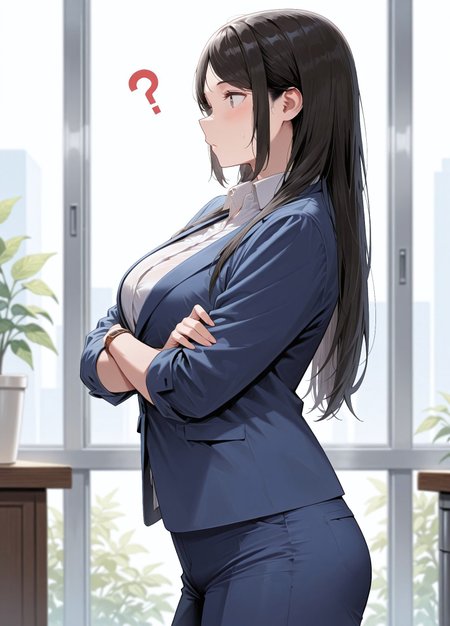 masterpiece, best quality,hyper-Detailed, 

k1sarak1, n0rk1sa, 1girl, solo, black hair, long hair, black eyes, large breasts, formal, office lady, suit jacket,  blue jacket,  white shirt, collared shirt,  long sleeves, sleeves rolled up, wristwatch, blue pants, belt, black footwear, low block heels,

, standing, head tilt, crossed arms, confused, clubroom, from side, profile,