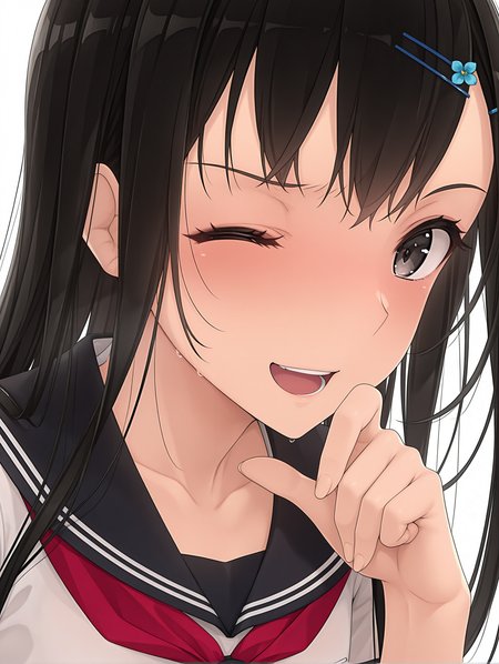 masterpiece,best quality,newest,
1girl,solo,
<lora:ikuta_risa_ilxl_v1.1:1>,risa,hairclip,black hair,black eyes,
r_clothes,serafuku,red neckerchief,short_sleeves,
<lora:Fixhands_anime_bdsqlsz_V1:1>,looking_at_viewer,upper_body,face_focus,dynamic_angle,cinematic_angle,finger to own chin,laughing,light_blush,one eye closed,white_background,simple_background,profile,embarrass,