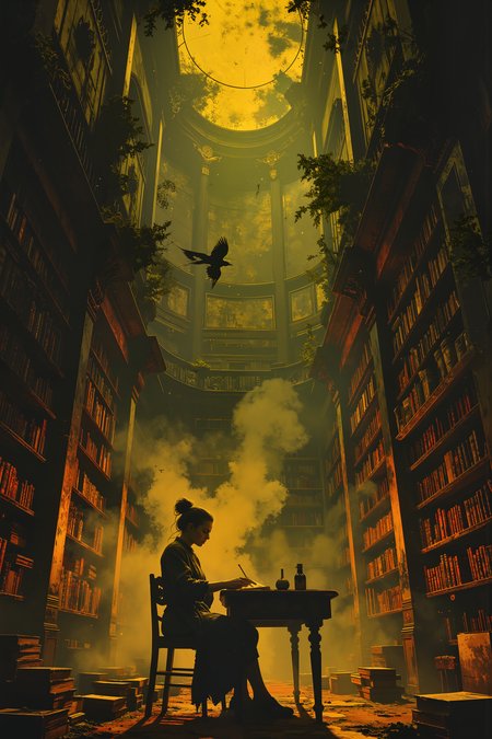 In an impossibly tall library where the bookshelves extend infinitely into a golden haze, a solitary librarian sits at a floating wooden desk, reading a book that continuously writes itself as she turns the pages. Her long, silver hair drifts weightlessly as if submerged in water, and her robes shimmer with unreadable symbols that change each time they are looked at. The books around her are bound in materials both familiar and alienâsome covered in soft, pulsating moss, others wrapped in thin, translucent membranes that reveal shifting ink within. Above her, constellations are suspended like chandeliers, their celestial light illuminating the pages as the book fills itself with words that have never been spoken before. Strange birds with feathers made of parchment flutter between the shelves, their wings rustling with the sound of turning pages. Some books whisper softly when opened, while others produce deep, resonant chimes that reverberate through the endless halls. The librarian dips her quill into an inkwell filled with liquid midnight, poised to writeâbut before she can, the book turns its next page on its own. , detailed background  Fantastic lighting. Detailed shadows.intricate details, vivid colors, hyper-detailed, ultra-sharp, , <lora:Luminous_Shadowscape-000016:0.4><lora:black_fantasy_1.0:0.4><lora:Glitchcore_Flux:0.4><lora:- Flux1 - vanta_black_V2.0:0.4>