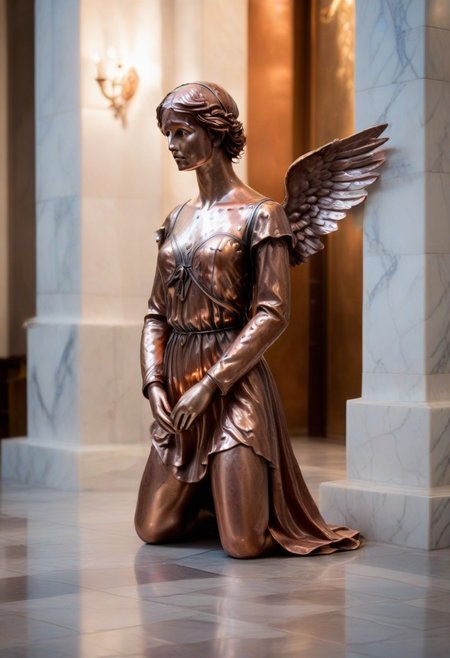 a copper statue portraying a kneeling and weeping angel, bleak, hopeless, depressing, enshrined in an alcove, marble church background
BREAK
CivChan