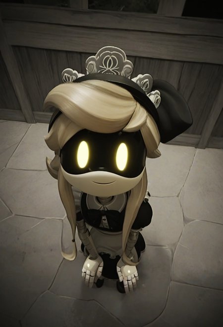 score_9, score_8_up, score_7_up, ((no Im not a human style), dark theme, dark framing, green monochrome, VHS style, Fisheye View, peephole view), dark background, wooden fence, porch, night, looking outside pov, mdCyn, screen face, visor, blonde hair, maid dress, bow, smile, looking at viewer, own hands together, v arms