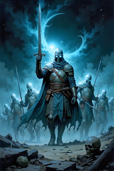In the cold, desolate ruins of an ancient battlefield, a ghostly army stands frozen in time, their spectral forms shimmering faintly in the pale light of the distant, crescent moon. Each soldier, dressed in worn, tattered armor, grips a rusted weapon, their hollow eyes glowing with a faint blue light as they stare ahead, waiting for a battle that never ends. The air is thick with a cold, bone-chilling fog that swirls around the ruins, obscuring the jagged remains of long-forgotten fortifications and broken siege machines. Above, the sky is a deep, inky black, dotted with distant stars that seem to flicker in and out of sight, as though the night itself is alive with ancient memories. The ground beneath the spectral army is scorched and cracked, littered with broken weapons and the crumbling bones of the fallen, half-buried in the dry earth. The sound of distant, ghostly whispers drifts through the air, carried on a wind that feels unnaturally cold and bitter. At the center of the spectral host, a ghostly commander stands tall, his eyes burning with a cold, determined fire as he raises his sword, frozen in the eternal act of leading his soldiers into battle. The scene is one of haunting stillness, a battlefield lost in time, where the echoes of war refuse to fade. , detailed background  Fantastic lighting. Detailed shadows.intricate details, vivid colors, hyper-detailed, ultra-sharp, <lora:Dorota_Pietrowiak:0.3> Portrait by Dorota Pietrowiak <lora:Comic book V2:0.8> High-contrast illustration