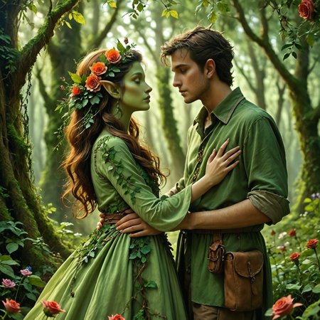 safe_pos, masterpiece,best quality, highly detailed, sfw, score_9, score_8_up, score_7_up, score_6_up,Dryad-NatureThemeV1, 1girl, dryad, tree, leaf, nature, flower, pointy ears,green skin, roses in hair, long flower dress, 1boy, elf, green tunic, offering her a rose.
Enchanted forest, evening , fireflies, very romantic, soft lighting.Stable_Yogis_SD1.5_Positives,