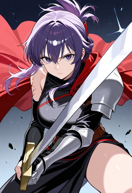 best quality, masterpiece, sfw,
n0m0, sabudenegostyleil,
close-up shot, view from aside,
solo, holding sword, dynamic fighting pose,
1girl, 
Matou Sakurai, human, purple hair, purple eyes, folded ponytail,
armor, single shoulder armor, cape, single bare shoulder, clothed,
large breasts,  
looking at viewer, closed mouth,