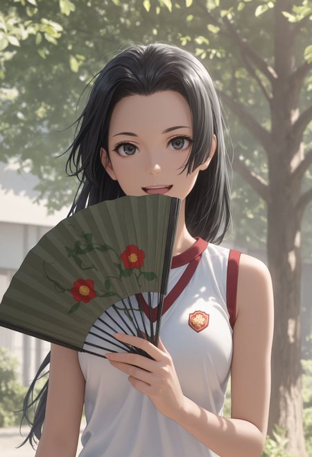 masterpiece, best quality, newest, (realistic:0.5), solo, 1girl
 <lora:Kongou Mitsuko illu:1>1girl, black hair, hand fan, sleeveless shirt, black eyes, smile, folding fan, open mouth, looking at viewer, white shirt, emblem, long hair, holding fan, upper body, flower, outdoors, gym uniform, :d, tree