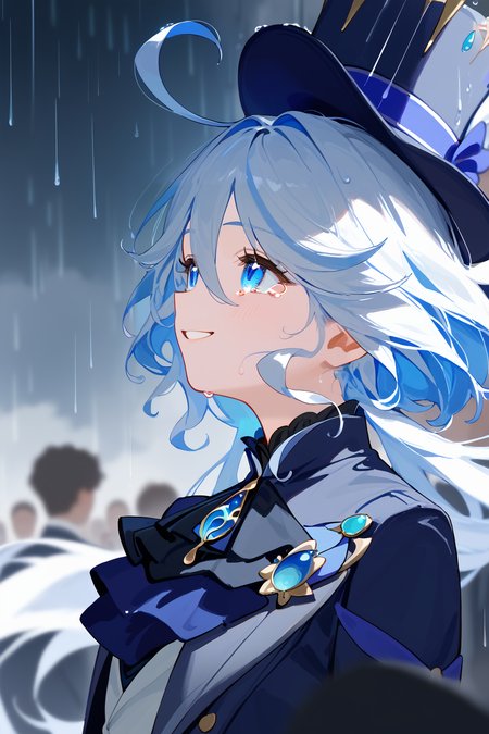 score_9, score_8_up, cinematic light, bloom, depth of field,
 furinadef, ahoge,
blue shirt,
rain, cloudy sky, looking up, facing up, tears, smile, wet,
wind blown,
from side, upper body,
crowd shiloutte background,
<lora:Dishwasher-Style-v2:1> <lora:Afrobull:1> <lora:genshinimpact_furina_ponyXL:1> furinadef, ahoge, blue headwear, top hat, jacket, ascot, brooch