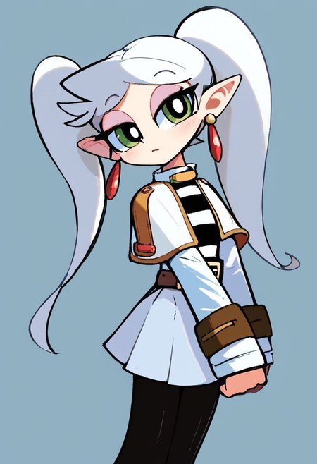 <lora:powerpuff_girls_Kim_Crab_style:1>powerpuff <lora:ChamFrierenPonyXL:1> Frieren,green eyes,white hair, long twintails, earrings,small chest, flat, white capelet, striped shirt, long sleeves, belt, white skirt, black pantyhose, Score_9, Score_8_up, Score_7_up, Score_6_up, Score_5_up, Score_4_up, BREAK,1girl in full growth, best quality, masterpiece, ultra-detailed, high quality,good quality,1 girl,(master piece,high resolution, ultra detailed,8K,16K),look at viewer, parted bangs, thin long twintails down passed butt, stringy hair,