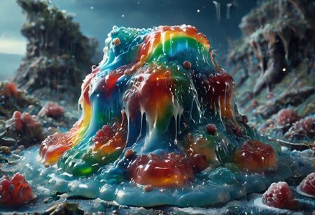 high quality, (Domination of the blue color:2), Jellystyle, stone bridge<lora:bad_prompt_version2-neg:1> <lora:By bad artist -neg:1>  <lora:Jelly_Style:1> (rainbow color grading:1.5). (Icing milk:2). (Sugar coating :1). berry made of jelly. River of milk. ais-chocsauce Mountains. Crystallized Sugar Rain. The floor is covered with honey. Multi-colored Jellystyle bears.
(Fish) Made of gum with glowing precious stones is shown into the jello realm. From the right of the frame, the Jellystyle bears.
CastleBreizh XL Mk8 on the left.
Asymetric composition, dynamic pose, field of depth, grass in the foreground. Close-up view from below.