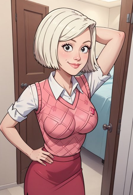 ((room background)),score_9, score_8_up, score_7_up,score_6_up, 
1girl, solo, Audrey_RS, light skin, black eyes, light blonde hair, short hair, bob haircut, white short-sleeved shirt with collar, deep pink sweater vest, dark pink skirt, cyan flat shoes, big eyes, cute, tall stature, social smile, perfect eyes, perfect smile, looking at the viewer, detailed eyes, perfect eyes, standing, big breasts (front pose, front view, full body shot, high angle view:1) five fingers, perfect hands, (hand on hip, hand behind head)