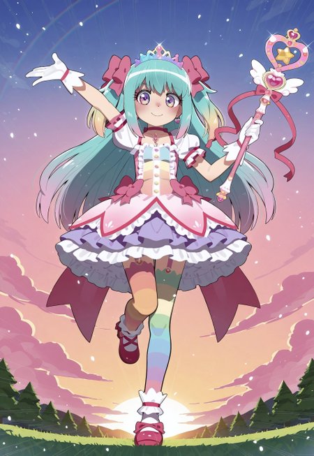 Mizumizuni, 1girl, rainbow eyes, pastel rainbow hair, multicolored hair, gradient hair, long hair, masterpiece, best quality, absurdres,
(pastel colors, pastel pink, pastel blue, pastel orange, pastel green, pastel purple), pastel rainbow magical girl, padded magical girl dress, kawaii, frilled skirt, thighhighs, padded pastel rainbow dress, multilayered dress, petticoat, padded dress, puffy short sleeves, elbow gloves, rainbow tiara, gem brooch, large bow, ribbons, lace trim, frills, satin, sparkles, glitter, heart earrings, rainbow accessories, jewelry, bobby socks, frilled mary janes,
lipgloss, eyelashes, blush, light makeup,  
outdoors, nature, clouds, sunset,
solo, full body, standing on one leg, happy smile, one arm up, holding magical girl wand, heart scepter,
intricate, highly detailed, majestic, shallow depth of field, movie still, circular polarizer, light reflections, light particles, particles, sun rays