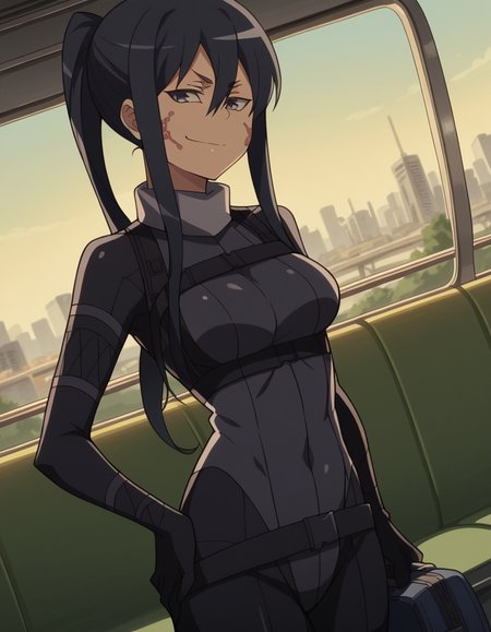 score_9, score_8_up, score_7_up, source_anime, <lora:pitohui-s1-ponyxl-lora-nochekaiser:1>, pitohui, long hair, black hair, ponytail, facial mark, sidelocks, medium breasts,, bodysuit, black bodysuit, long sleeves, belt, , train station, waiting for train, suitcase, traveling, commute, city skyline, hands behind back,, , , smug, hand on hips,, solo,, cowboy shot, dutch angle,