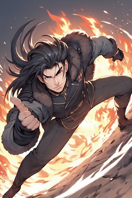 score_9, score_8_up, score_7_up, score_6_up, score_5_up, score_4_up, solo, gloves, long hair, black hair, 1boy,  topcoat,  fur coat, fire, military uniform, looking at viewer, male focus, military, fighting position,
<lora:matsuena_shun_style:1>