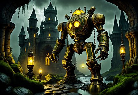 giant bipedal robot dirty yellow and dark green, bronze paisley robot. lacy robot metal lava lamp head. outside of a steampunk keep. large detailed torso. dark image. one forty foot tall ancient robot with great arms and two heavy spring legs. dark foggy night background. $dark foggy night image only. dark photo realistic image. steampunk details. cogs, chains and pipes incorporated in the fantasy buildings. magic wizards tower in background. Dark swamp, moss, castle ruins, wizards tower. stormy dark night.  stormy sky.