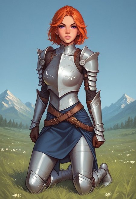 (adult woman), (1girl, company of heroes), (looking at viewer), ((knight, armor, skirt)), freckles, (orange hair, medium hair), (purple eyes), (best quality, high detail), ((masterpiece)), ((ready to fight, holdind big gladius in hands)), <lora:1_ino_20e:1>
BREAK 
((field, mountains)) score_9, score_8_up, score_7_up, score_6_up, source_cartoon, rating_explicit, Expressiveh, (((((full body))))), dynamic pose
