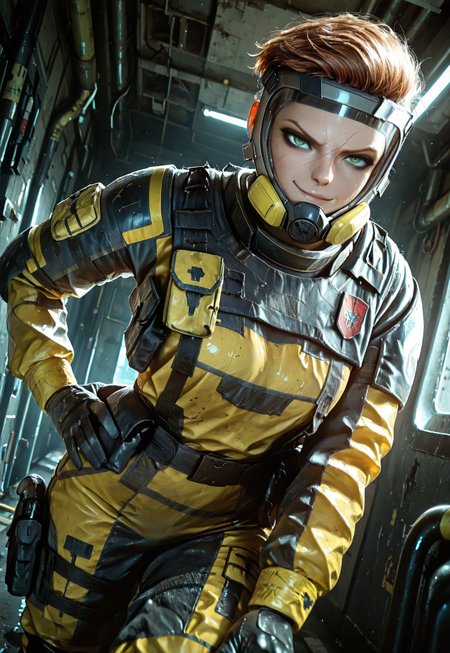 lazypos, masterpiece, best quality, dynamic angle, 1girl, solo, finkar6s, short hair, brown hair, facial scar, hazmat suit, face mask, green eyes, hand on hip, looking at viewer, smirk,
