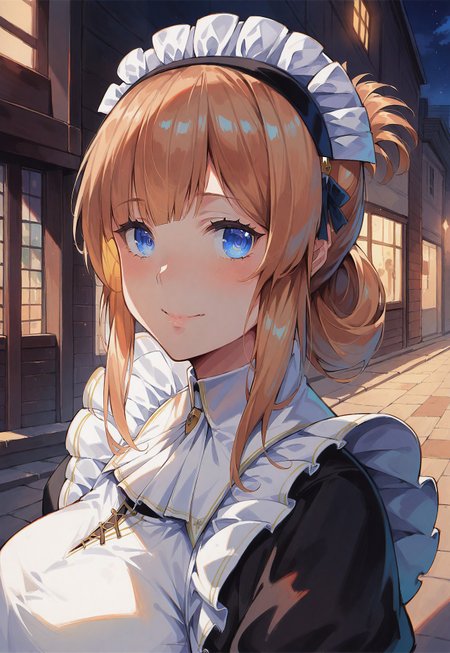 score_9, score_8_up, score_7_up, score_6_up, source_anime, head close-up, mature, Risa, Noir maid outfit, maid headdress, smile, blush, looking at viewer, in a street full of wooden buildings, at dim and dark night, colorful